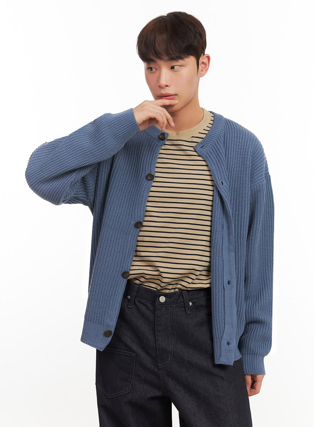 Men's Ribbed Buttoned Round-Neck Cardigan IF517