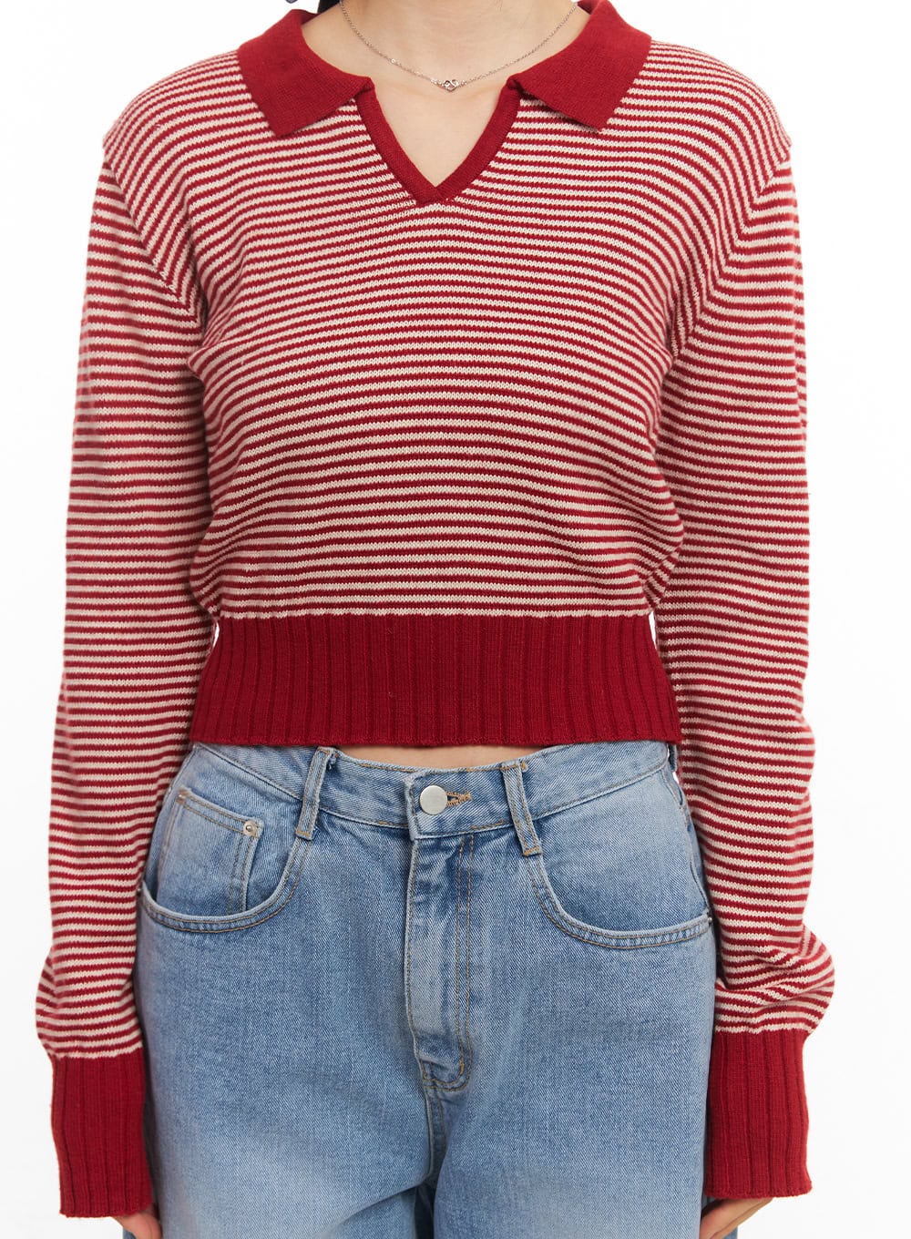 Cashmere-Blend Collared Stripe Crop Sweater CM512