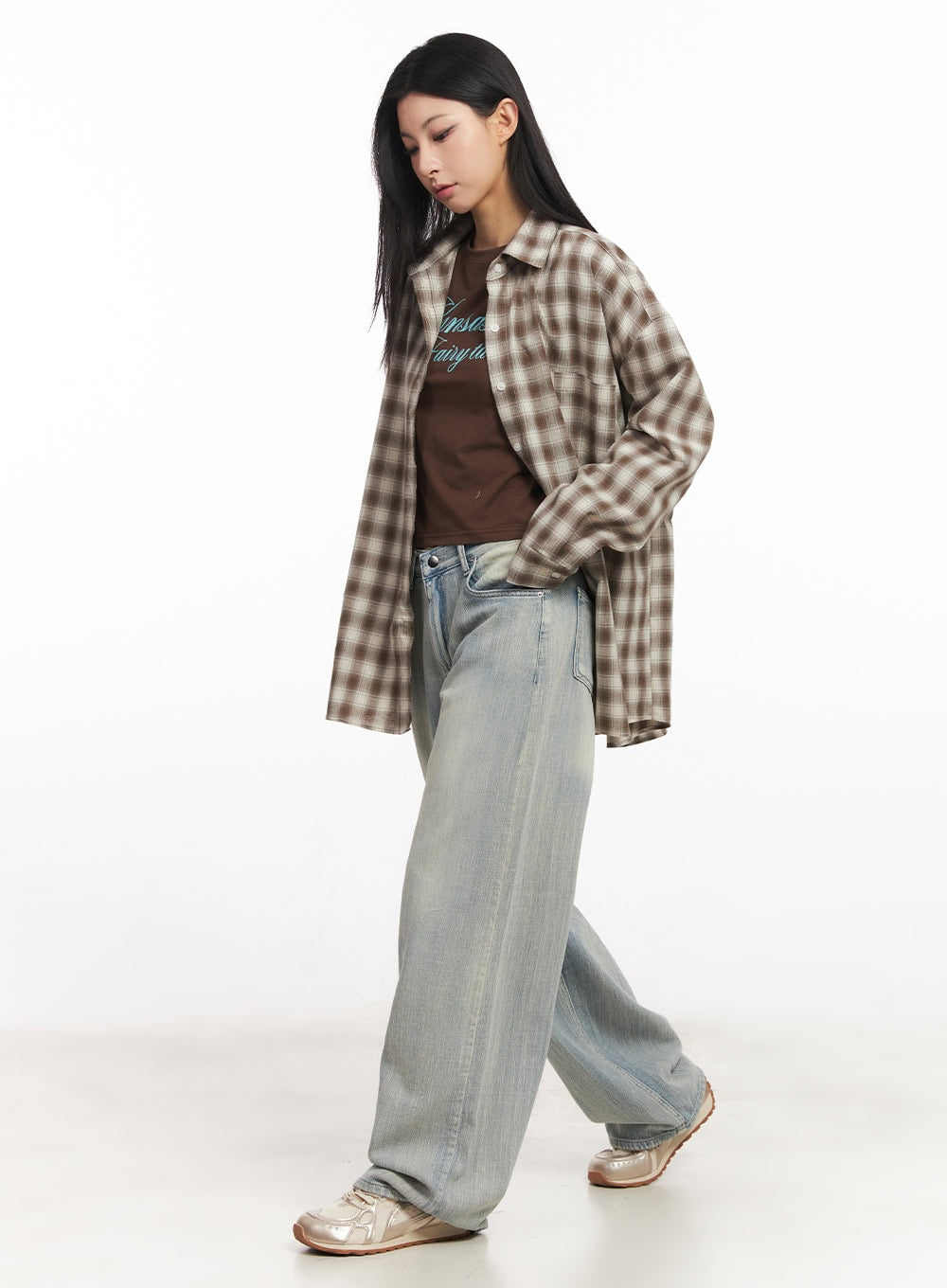 Oversized Plaid Print Button-Down Shirt CA514