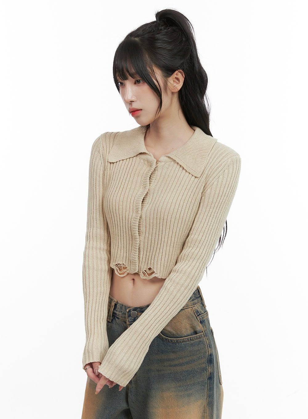 Distressed Hem Collared Crop Cardigan CG421