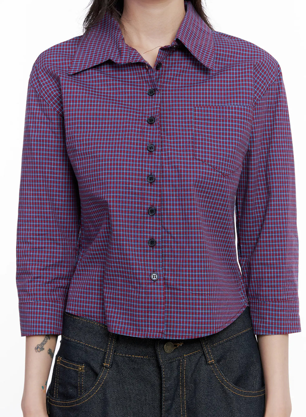 Cropped Plaid Button Up Shirt CS512