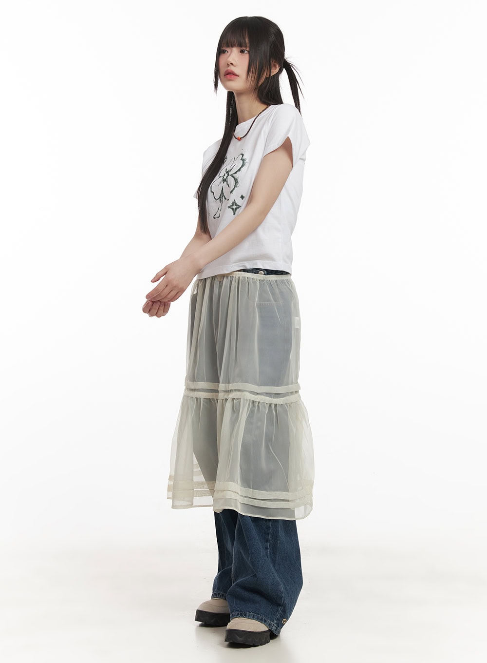 Sheer Tiered Ruffle Midi Skirt CF518
