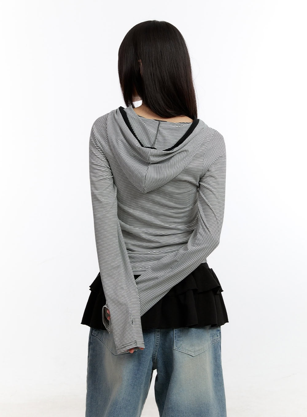 Button Stripe Hoodie Top CA508