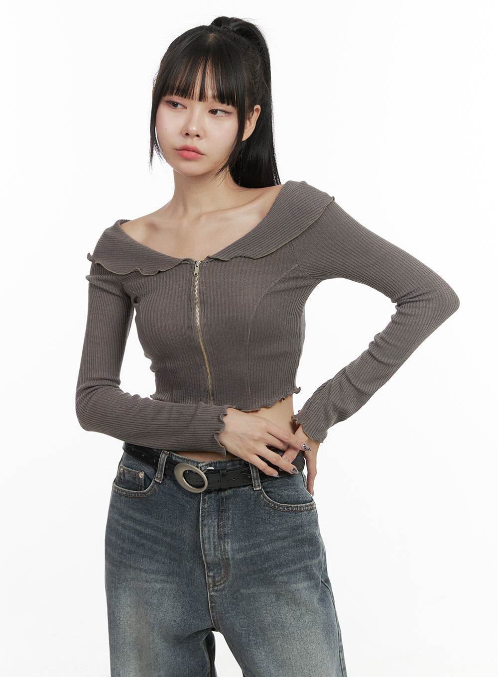 Zipper Off-Shoulder Ribbed Top OO401