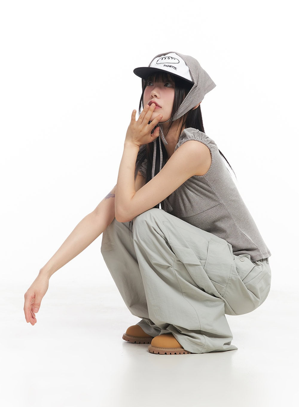 Pintuck Nylon Wide-Leg Cargo Pants CY514