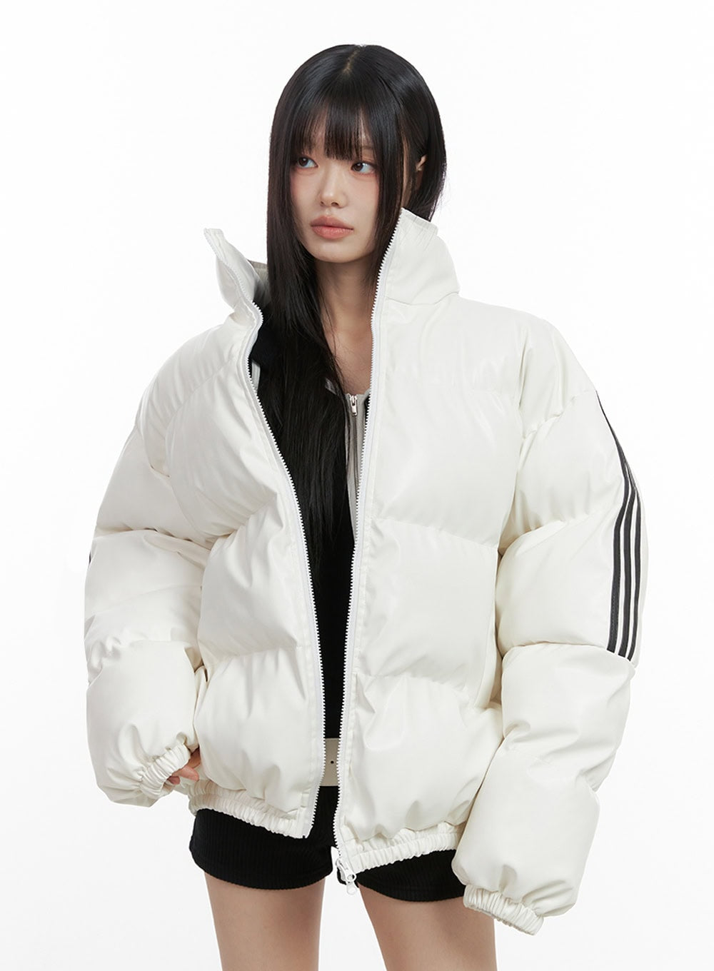 Oversized Stripe Leather Padded Coat IO430