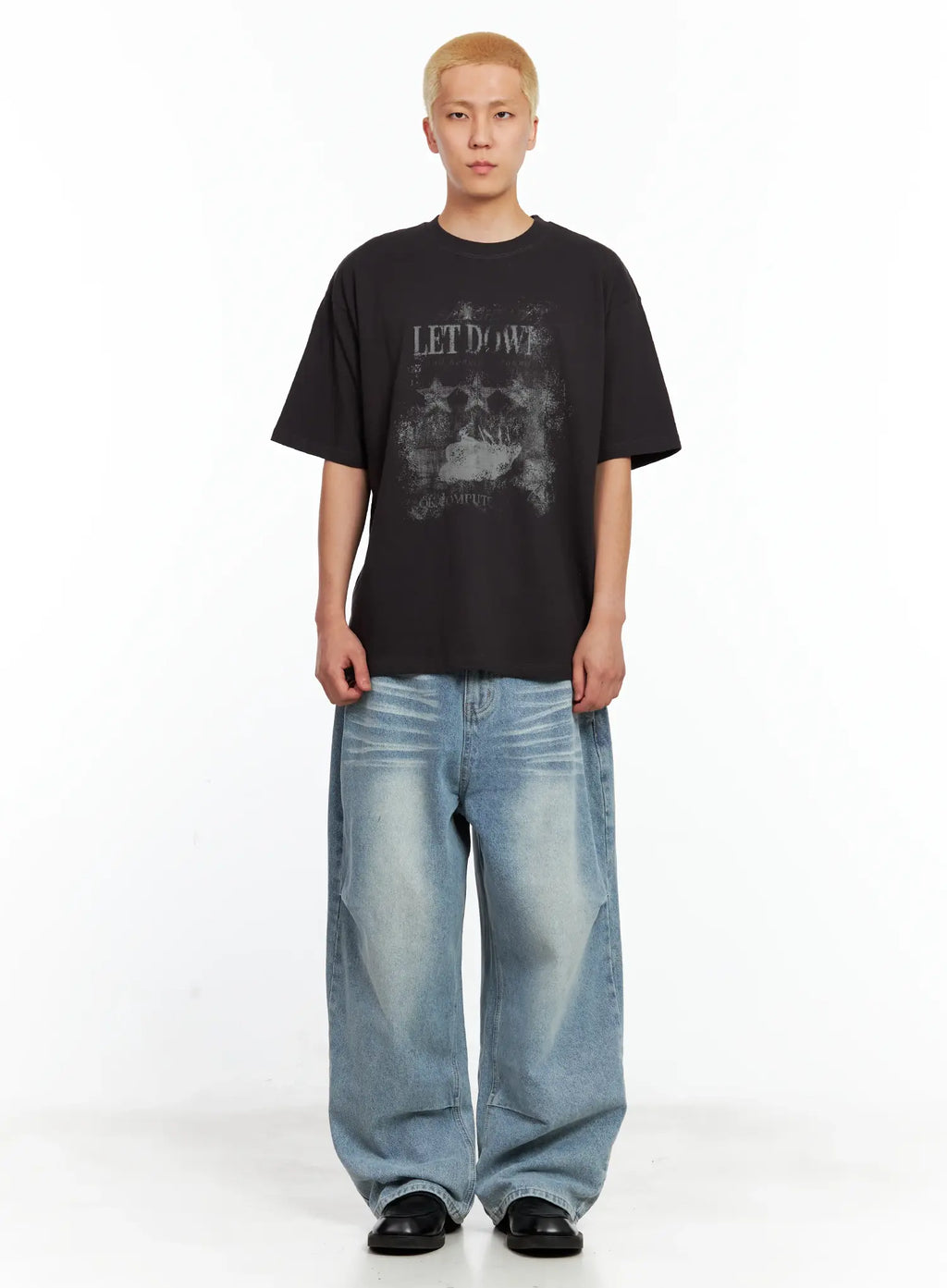 Men's Front-Pleated Washed Wide Denim Pants IL514