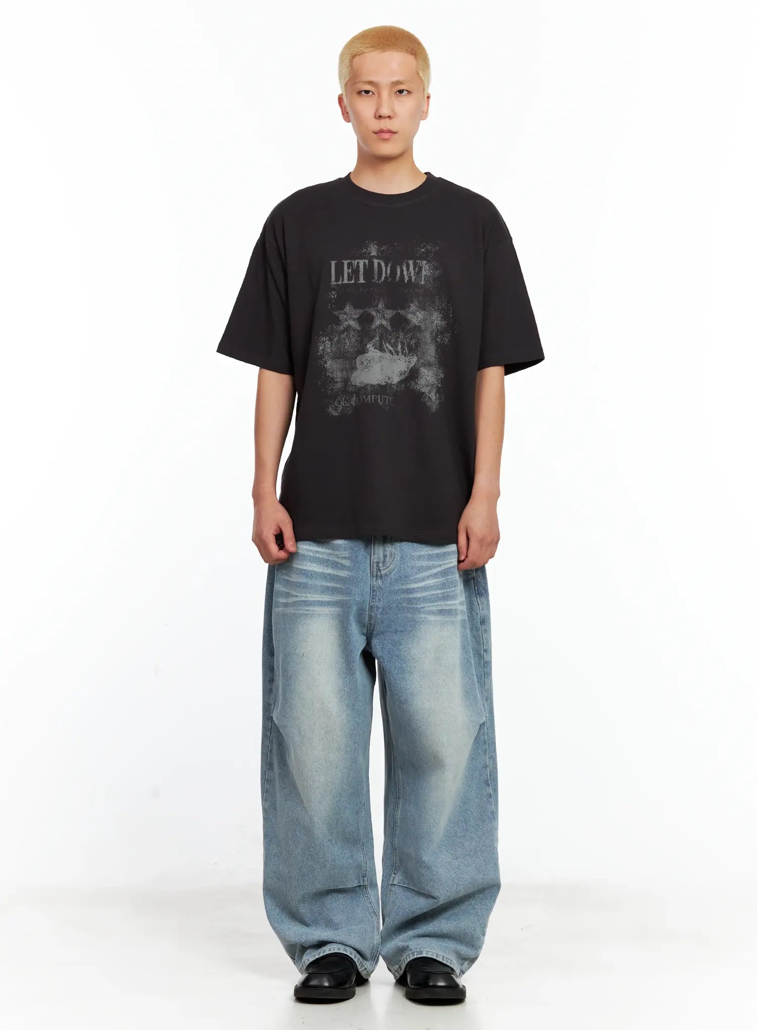 Men's Front-Pleated Washed Wide Denim Pants IL514