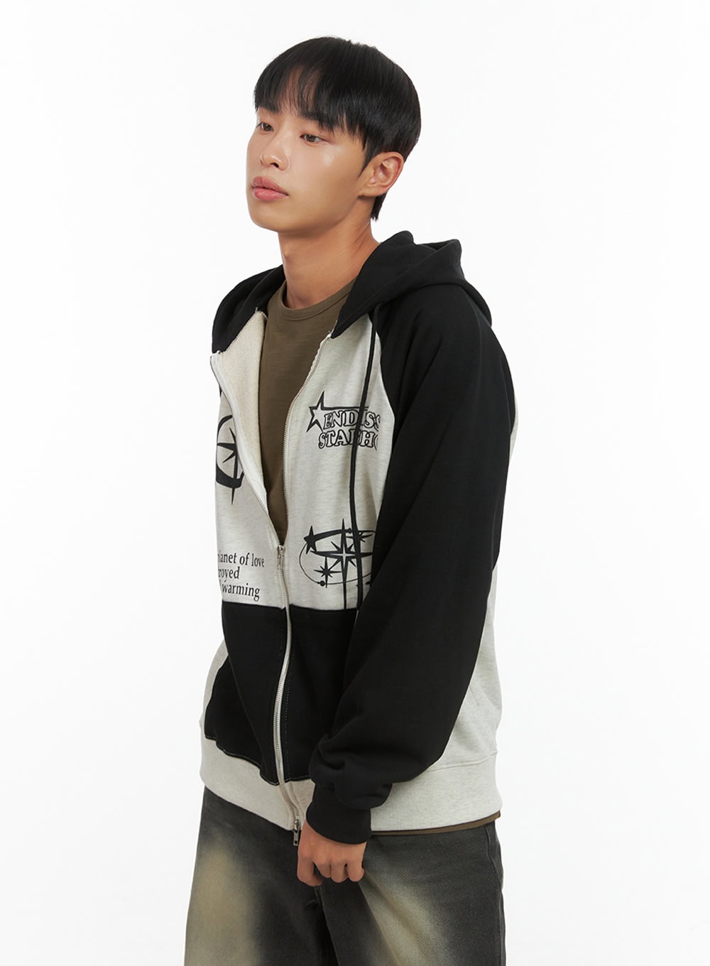 Men's Mixed Color Graphic Zip-Up Cotton Hoodie IS420