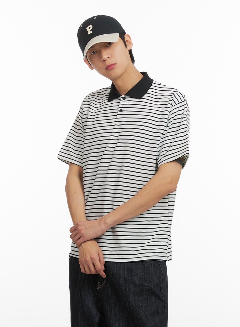 Men's Striped Collar T-Shirt (White) IU405