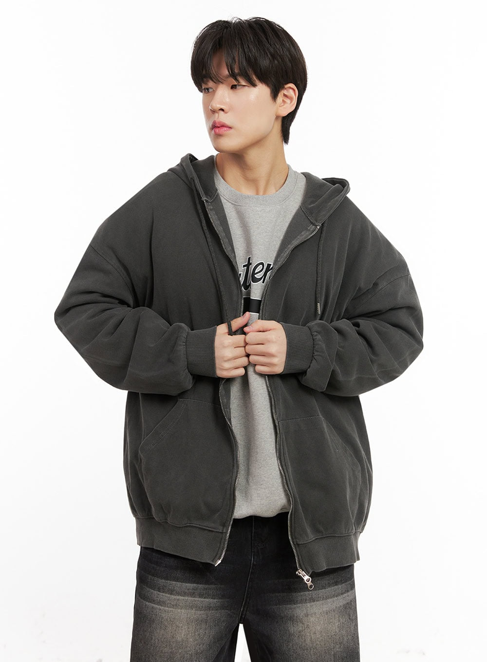 Men's Oversized Washed Zip-Up Hoodie IJ517