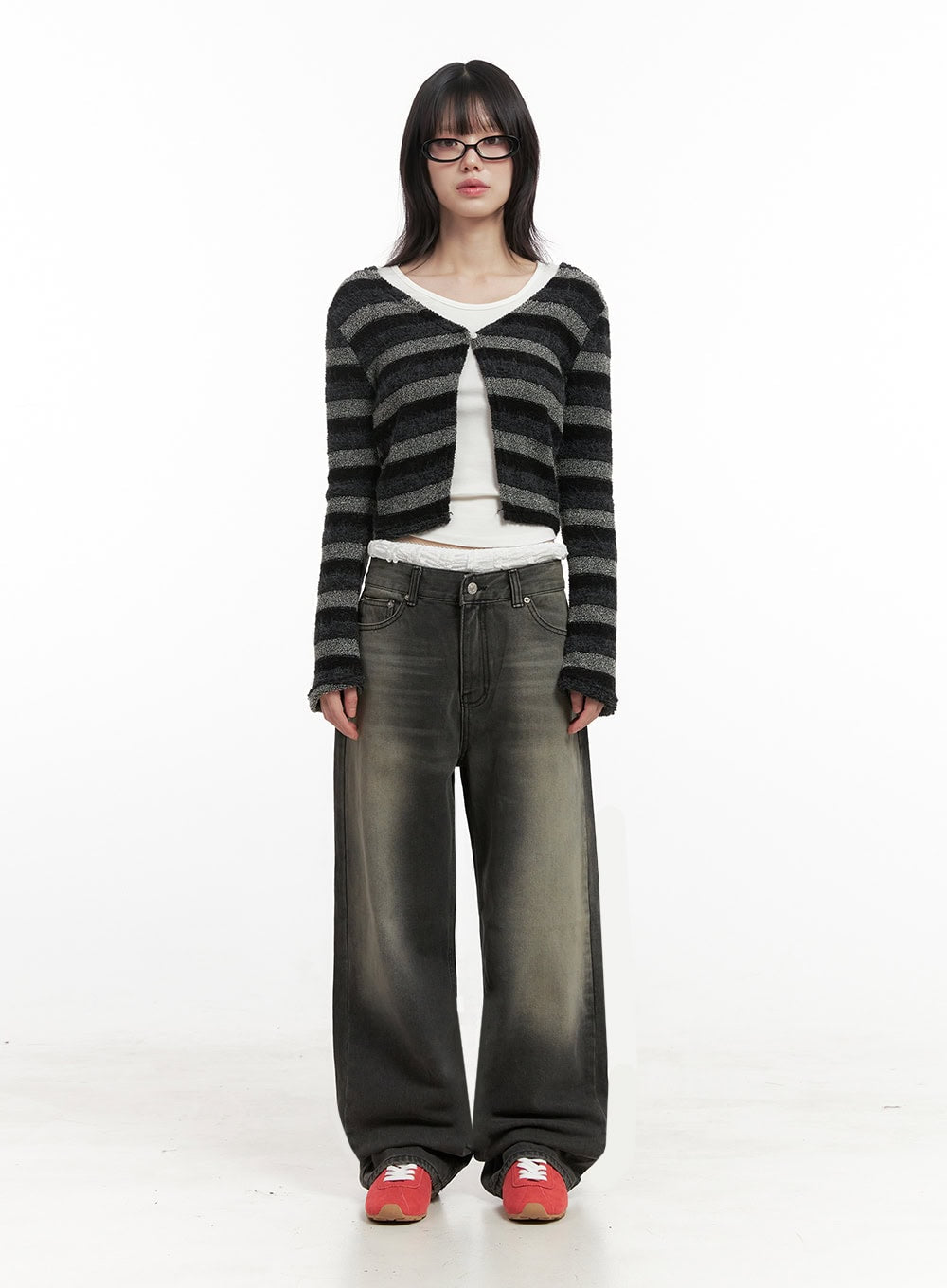 Striped Slit Cropped Cardigan ID402