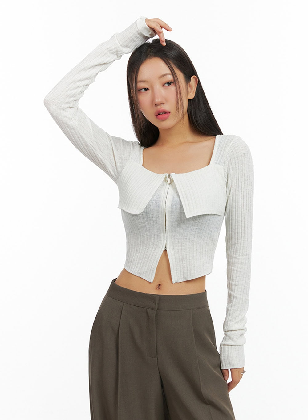 Slit Zip-Up Square Neck Crop Top IS402