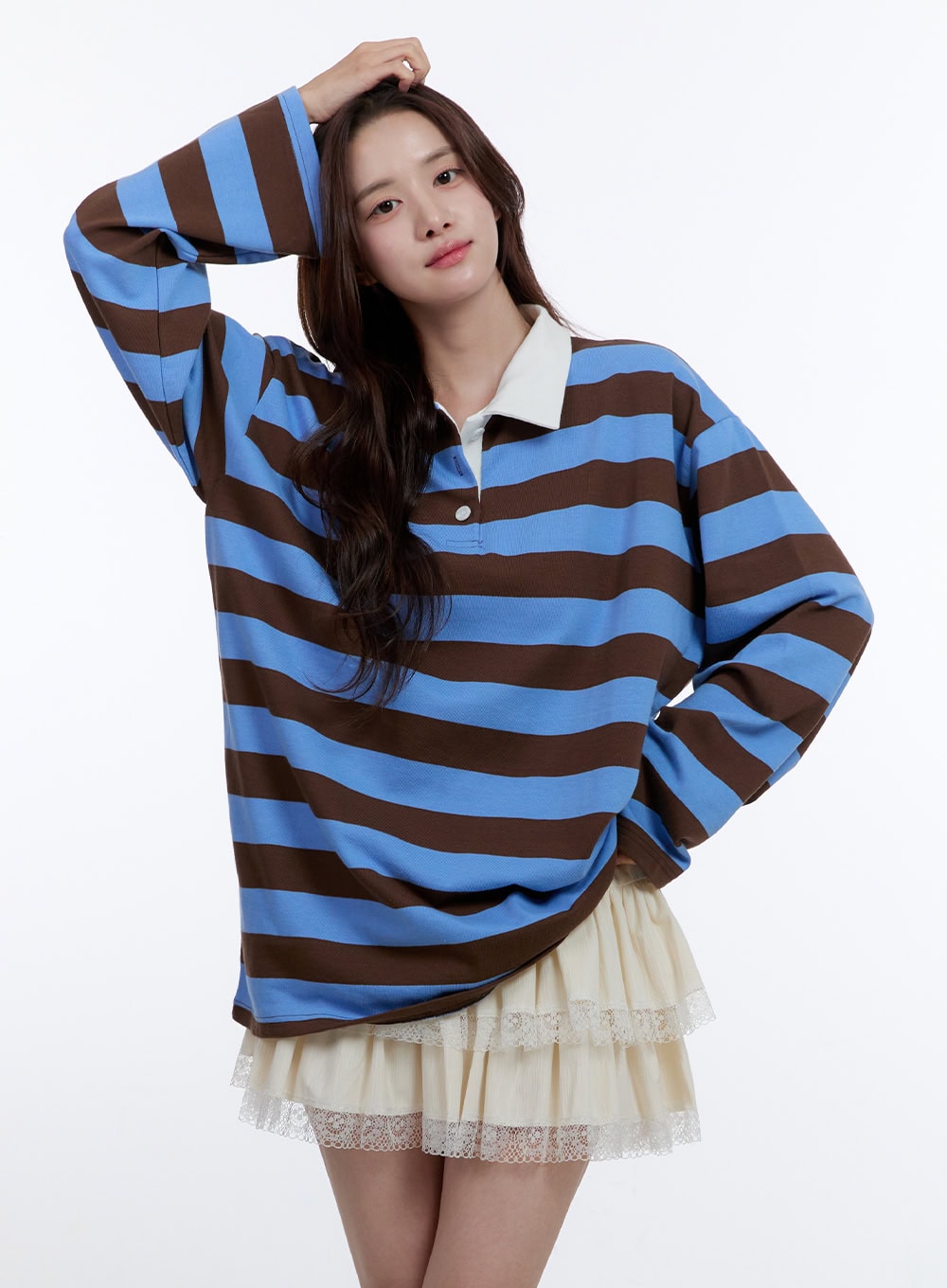 Cotton Oversize Buttoned Long Sleeve Stripe Tee OO407