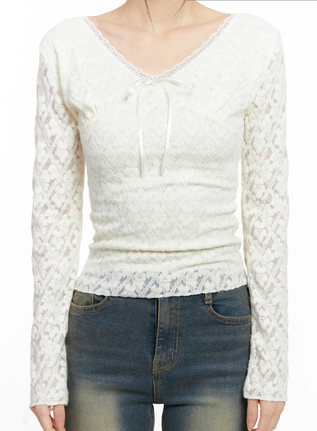 Ribbon V-neck Long Sleeve Top CC1109