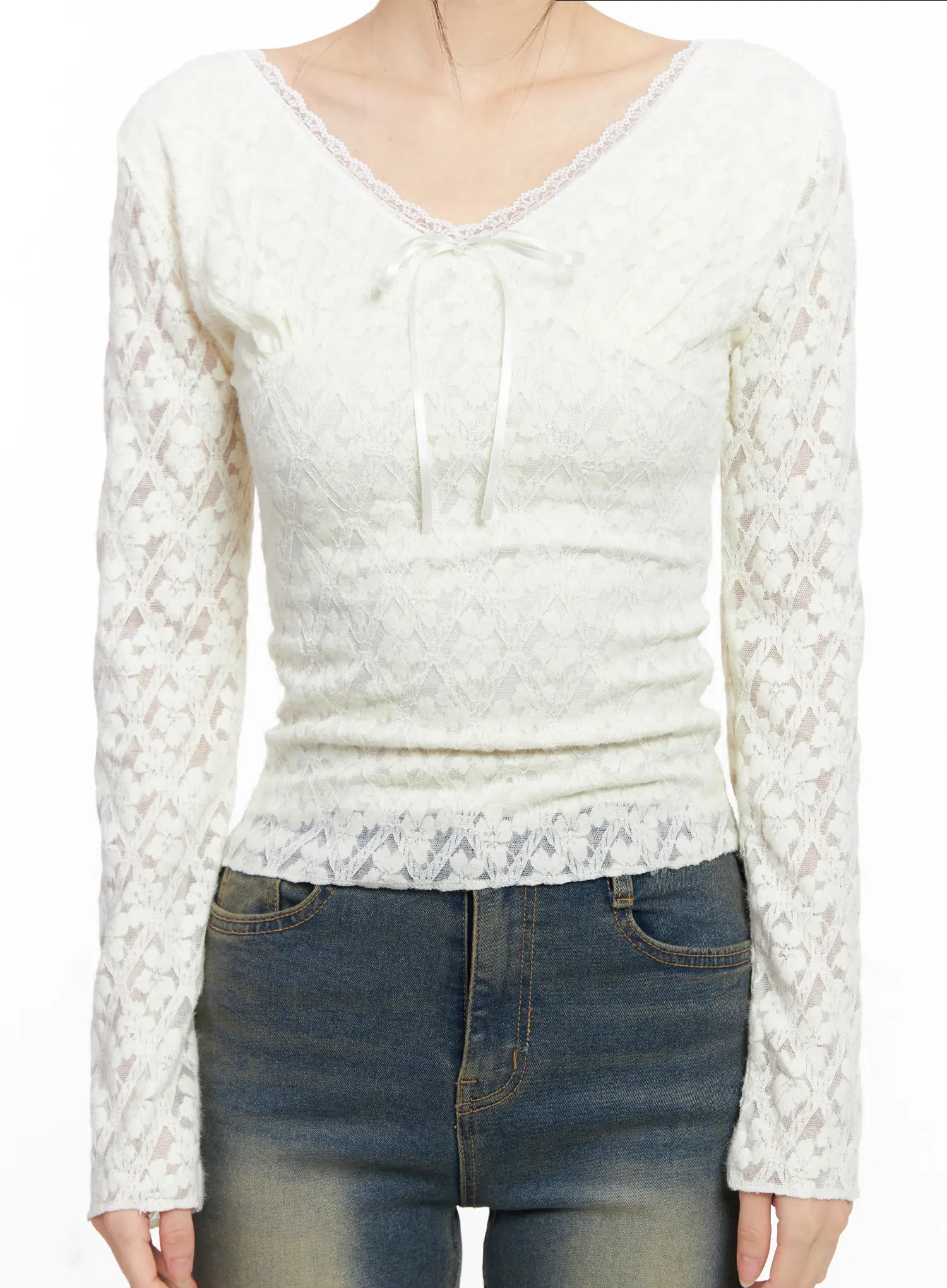 Ribbon V-neck Long Sleeve Top CC1109