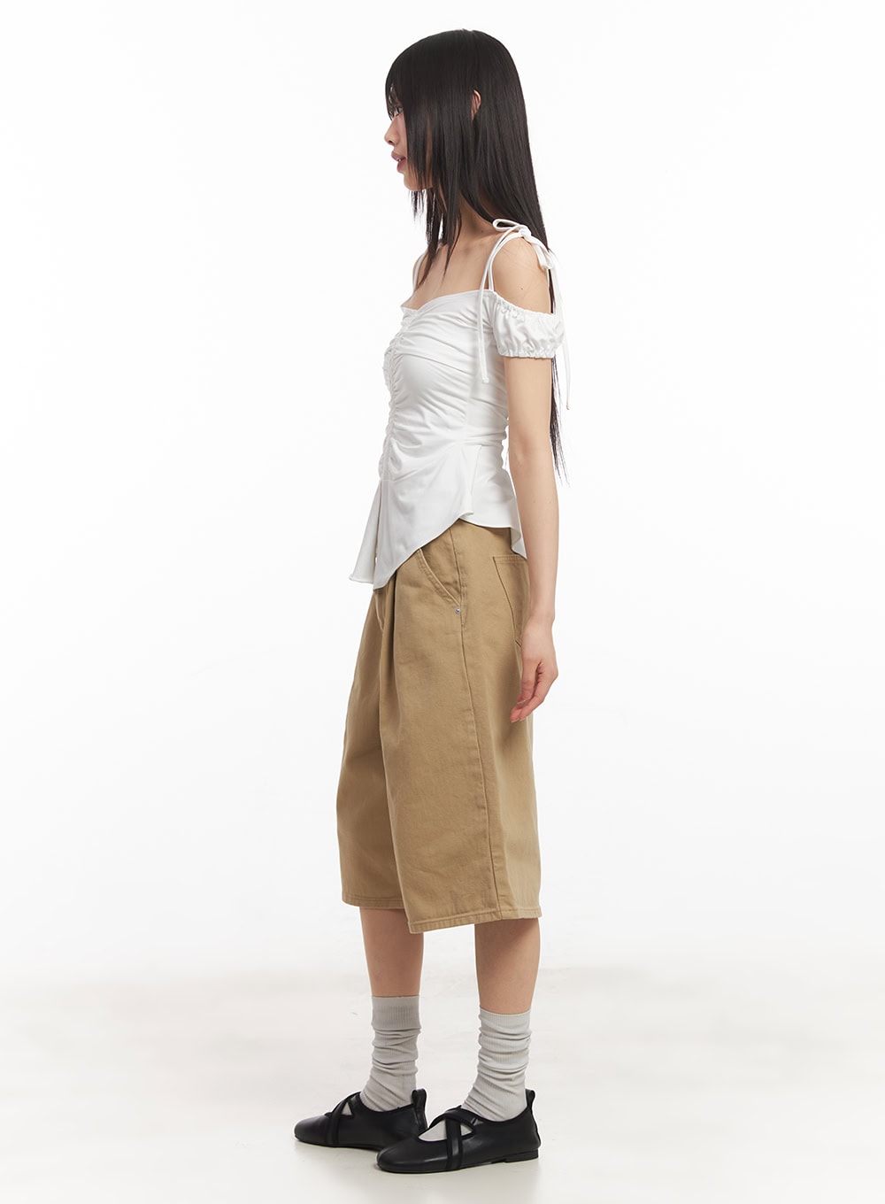 Shirred Off-Shoulder Puff-Sleeve Top CA523