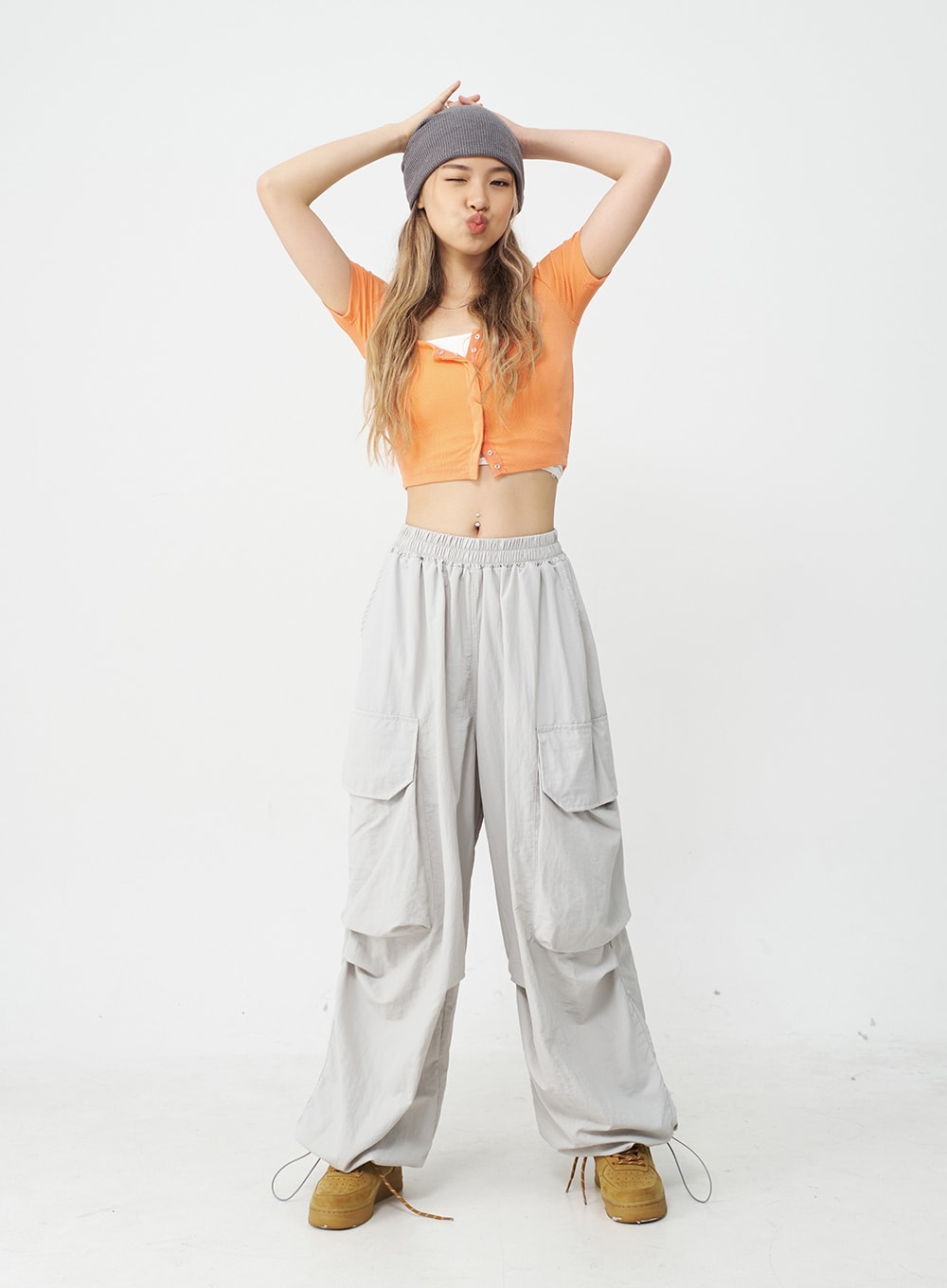 Drawstring Hem Long Wide Cargo Pants CJ21