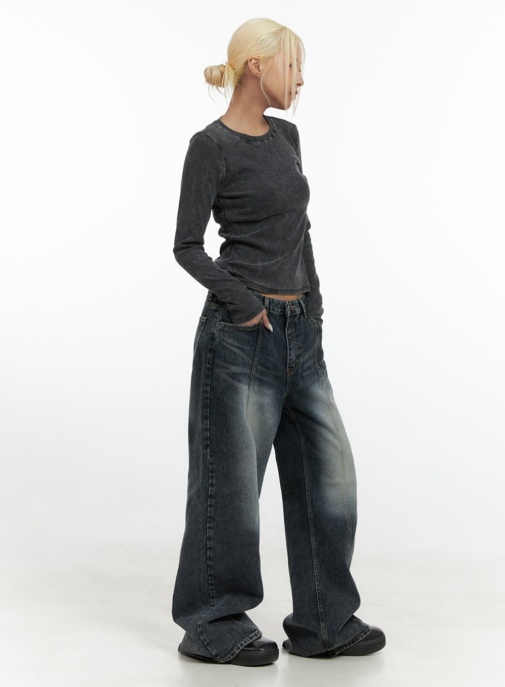 Kaya Stitch Detail Washed Baggy Denim Jeans CS426