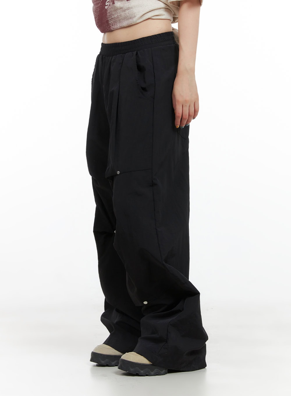 Stud Banded Nylon Wide Leg Pants CG409