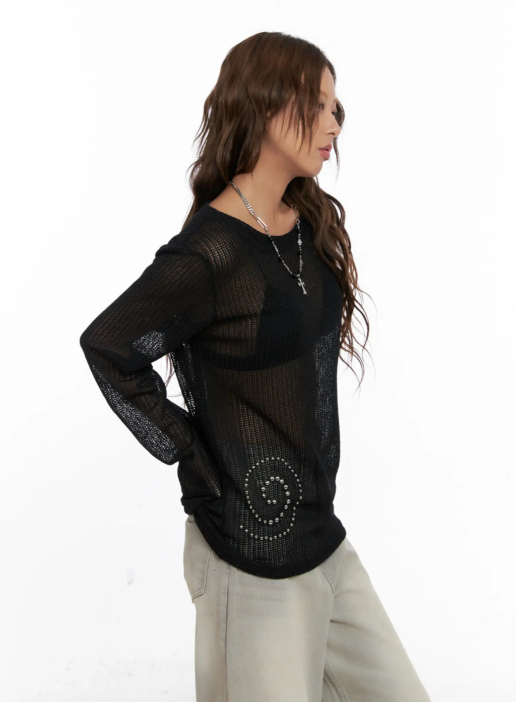 Studded Mesh Knit Long Sleeve Sweater CS522