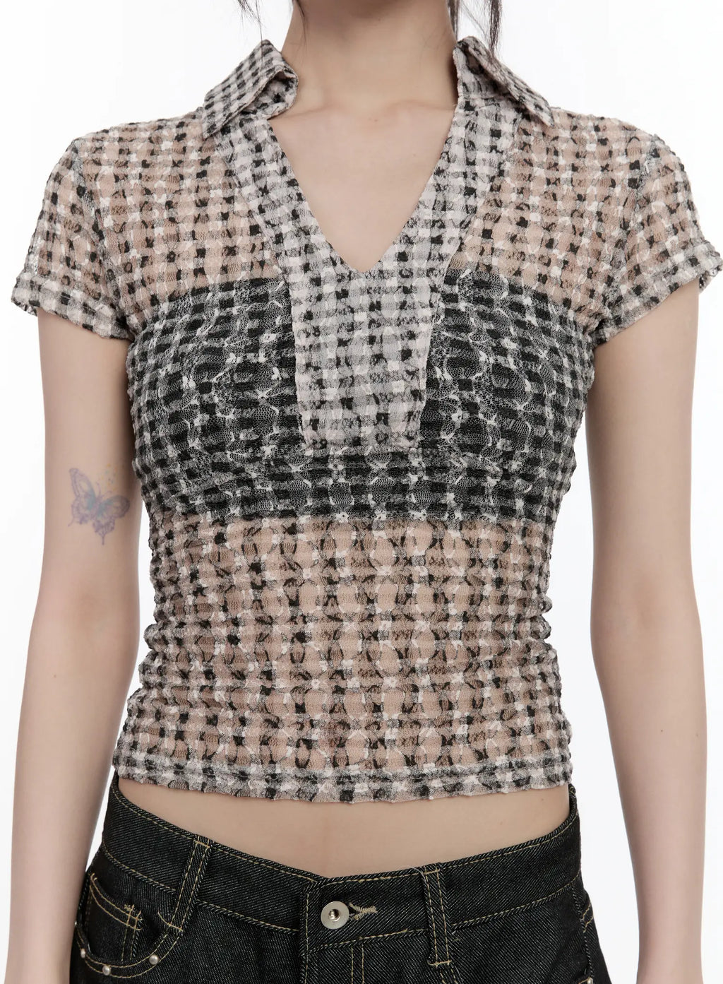 Sheer Checked Collar Tee CL504