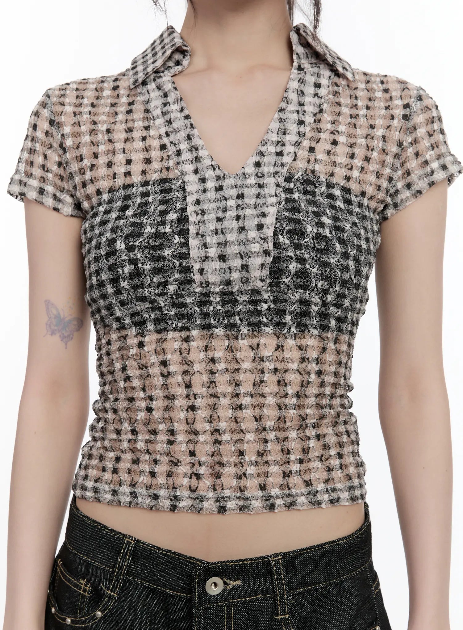 Sheer Checked Collar Tee CL504