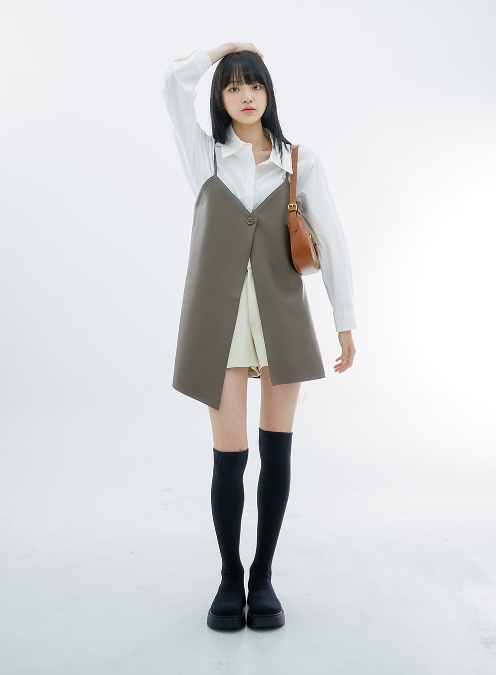 One Button Faux Leather Mini Dress OS29