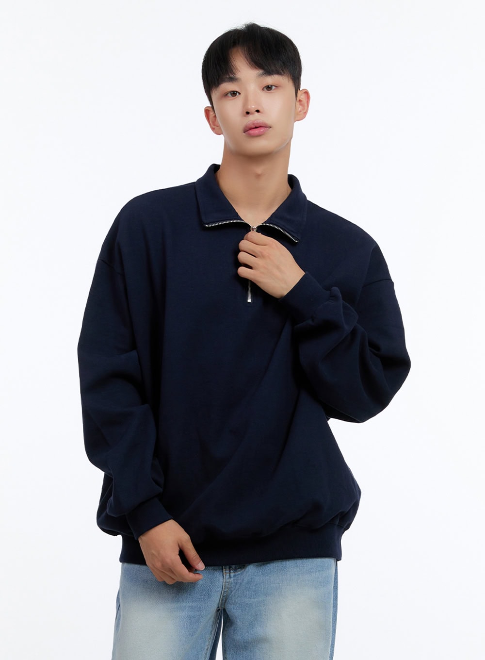 Men's Classic Cotton Half-Zip Graphic Hoodie (Dark blue) IS413