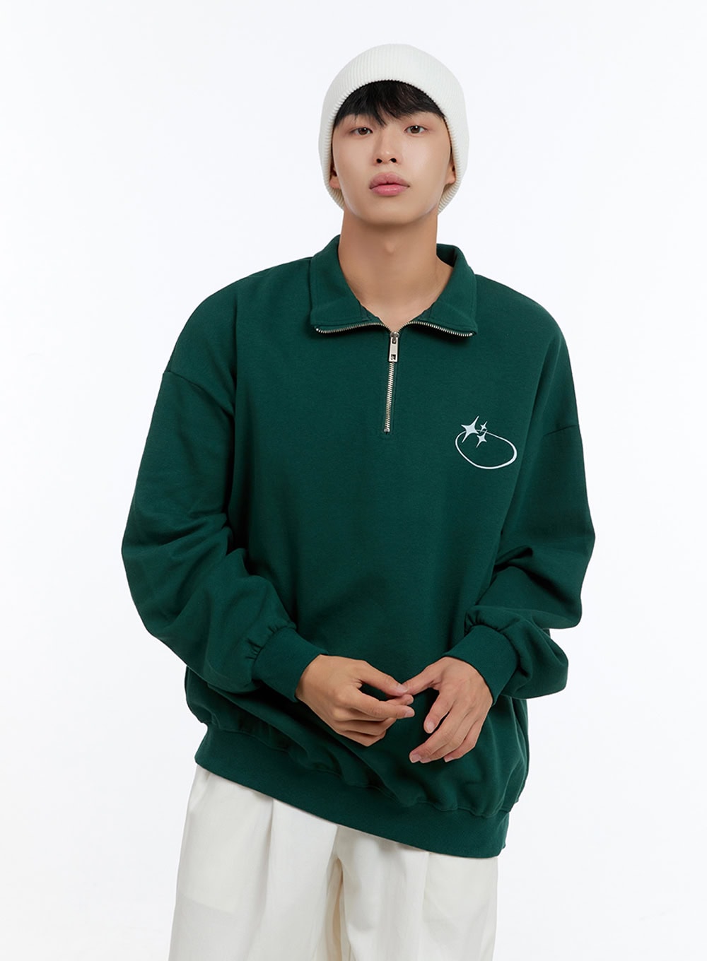 Men's Classic Cotton Half-Zip Graphic Hoodie (Green) IS413