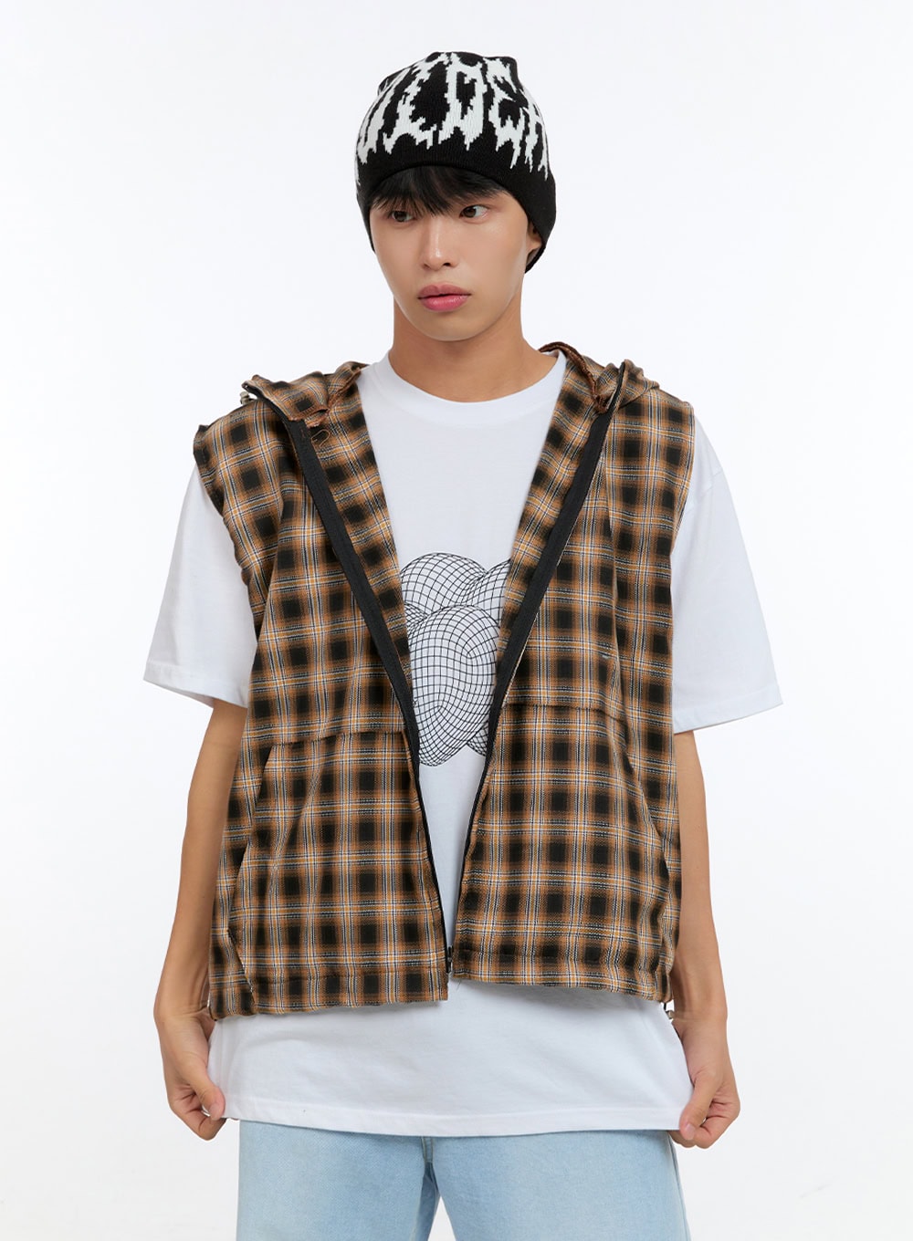 Men's Checkered Zip-Up Hooded Vest IG416