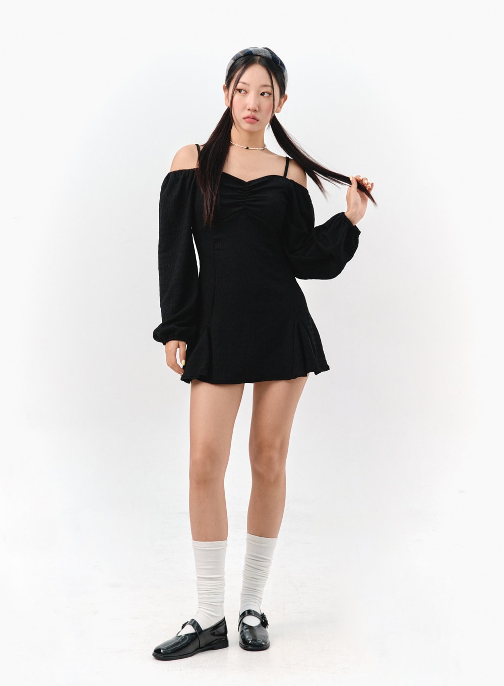 Off-Shoulder Shirred Mini Dress IS301