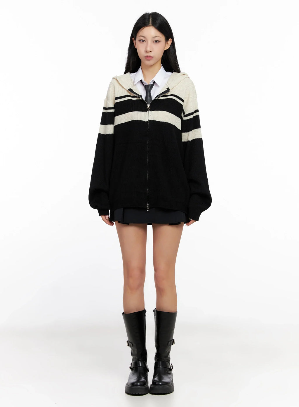 Striped Oversized Zip-Up Knit Hoodie IG508