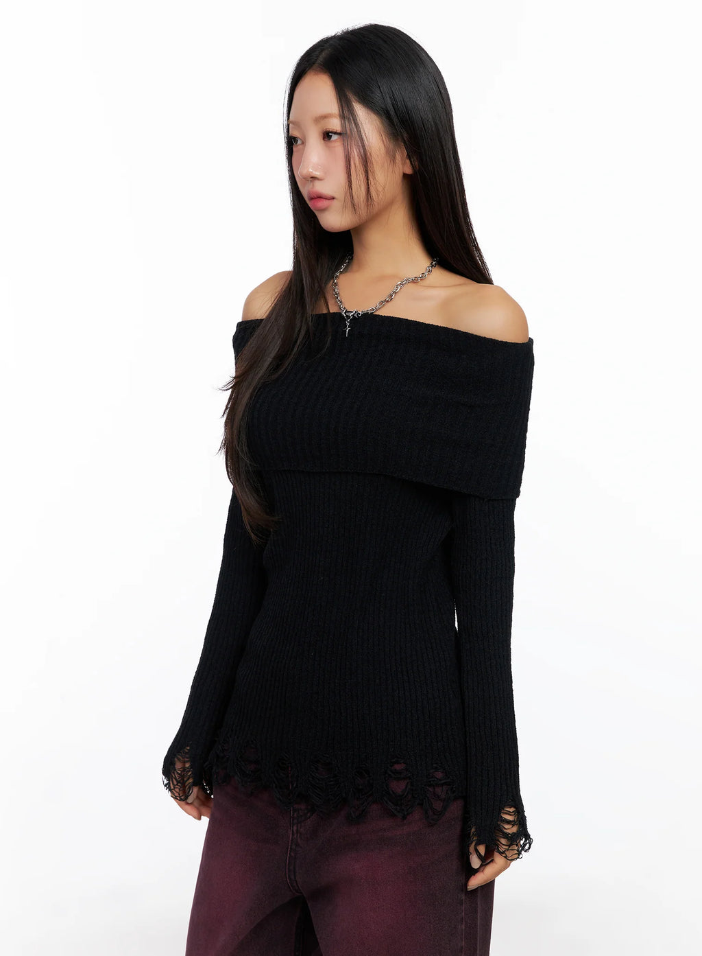 Off-Shoulder Distressed Knit Top CO514