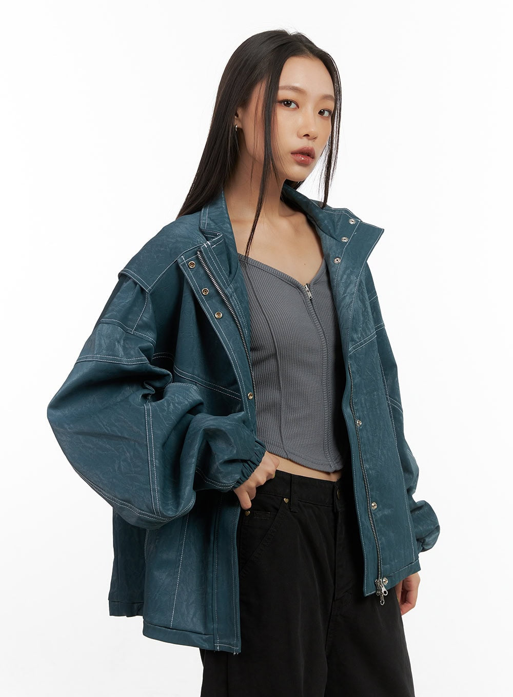 Washed Faux Leather Jacket CO424