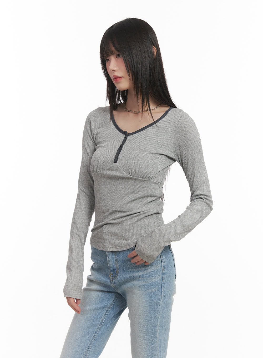 Shirred U-Neck Long-Sleeve Top CF519