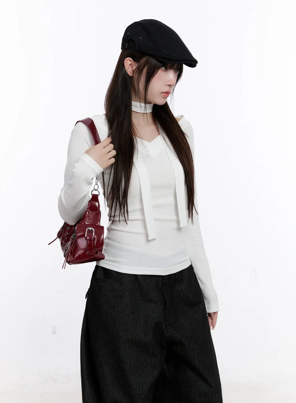 V-Neck Ribbed Two-Way Tie Long Sleeve Top CS530