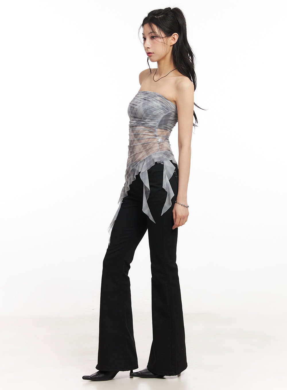 Sheer Plaid Ruffle Tube Top CA514