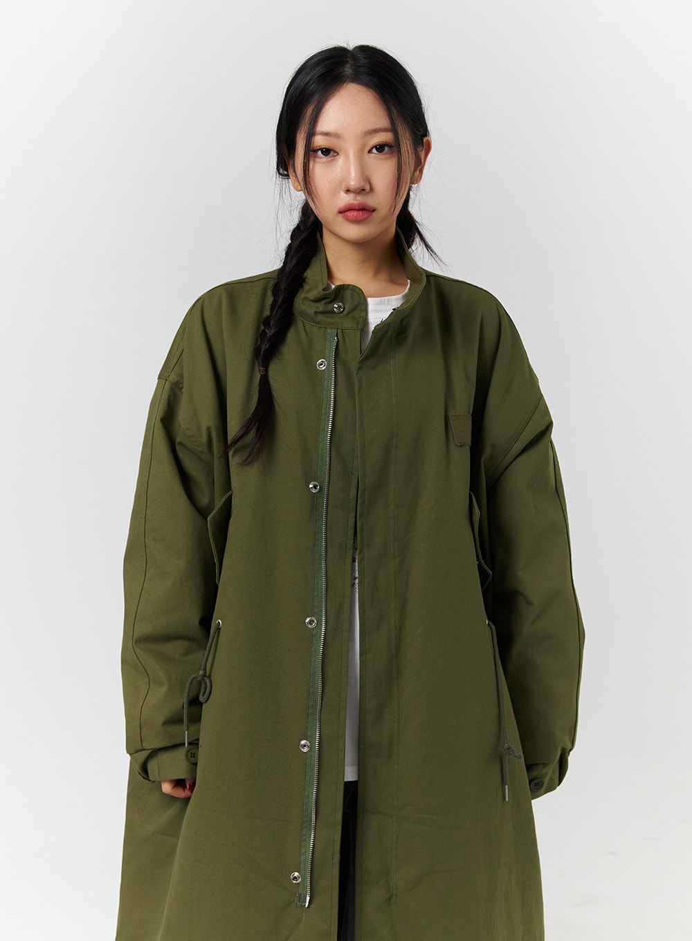 Collar Solid Zipper Drawstring Long Jacket CD328