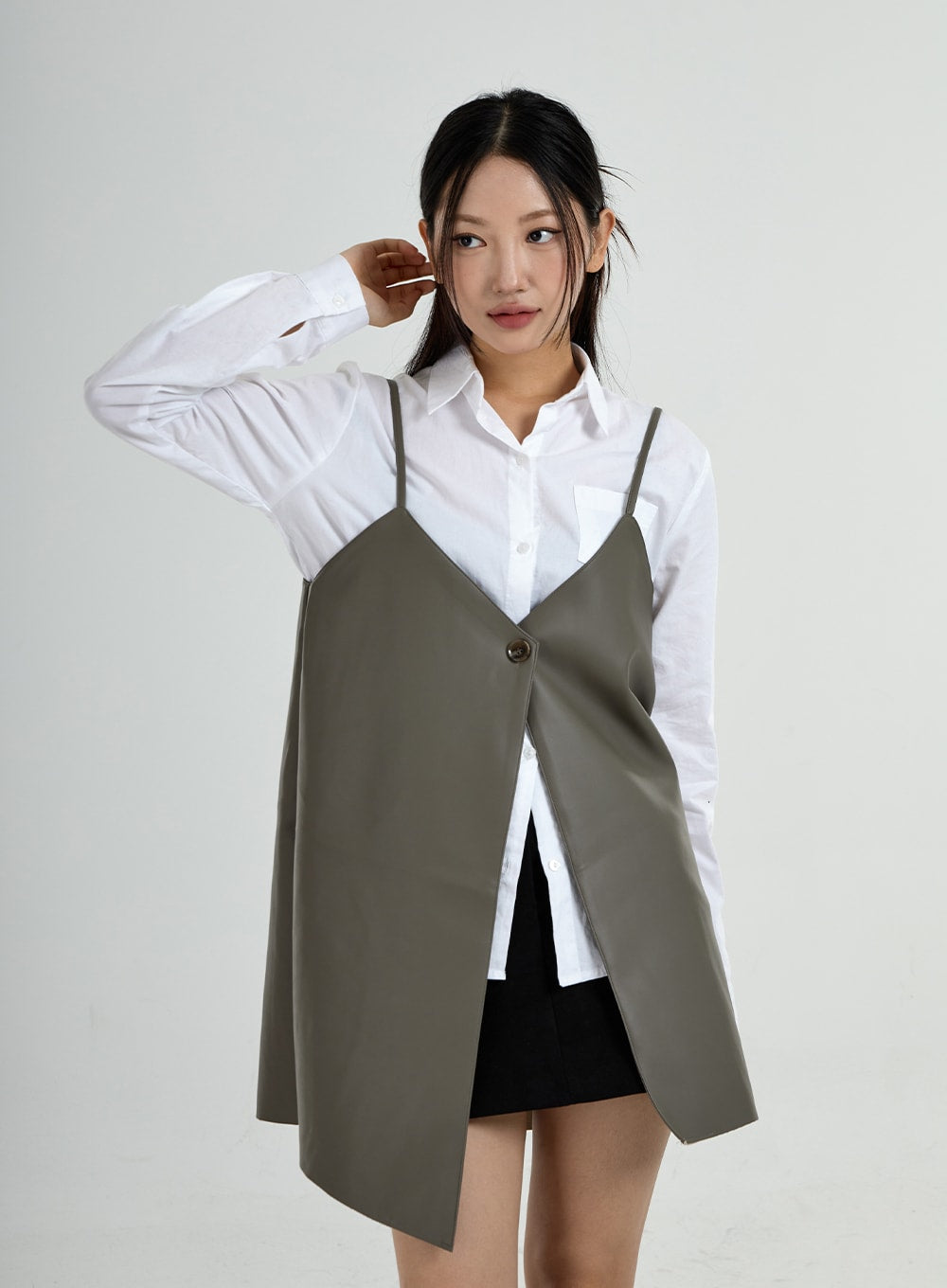 One Button Layered Faux Leather Dress CO24