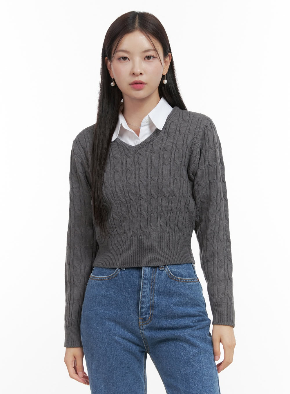 Slim V-Neck Cable Knit Sweater OO416