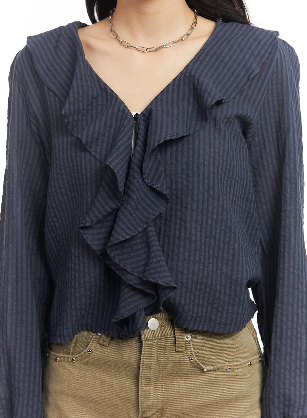 Ruffle V-Neck Stripe Blouse Top CA503