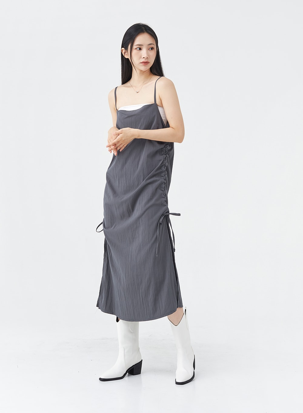 Side Shirring Sleeveless Strap Maxi Dress OG12