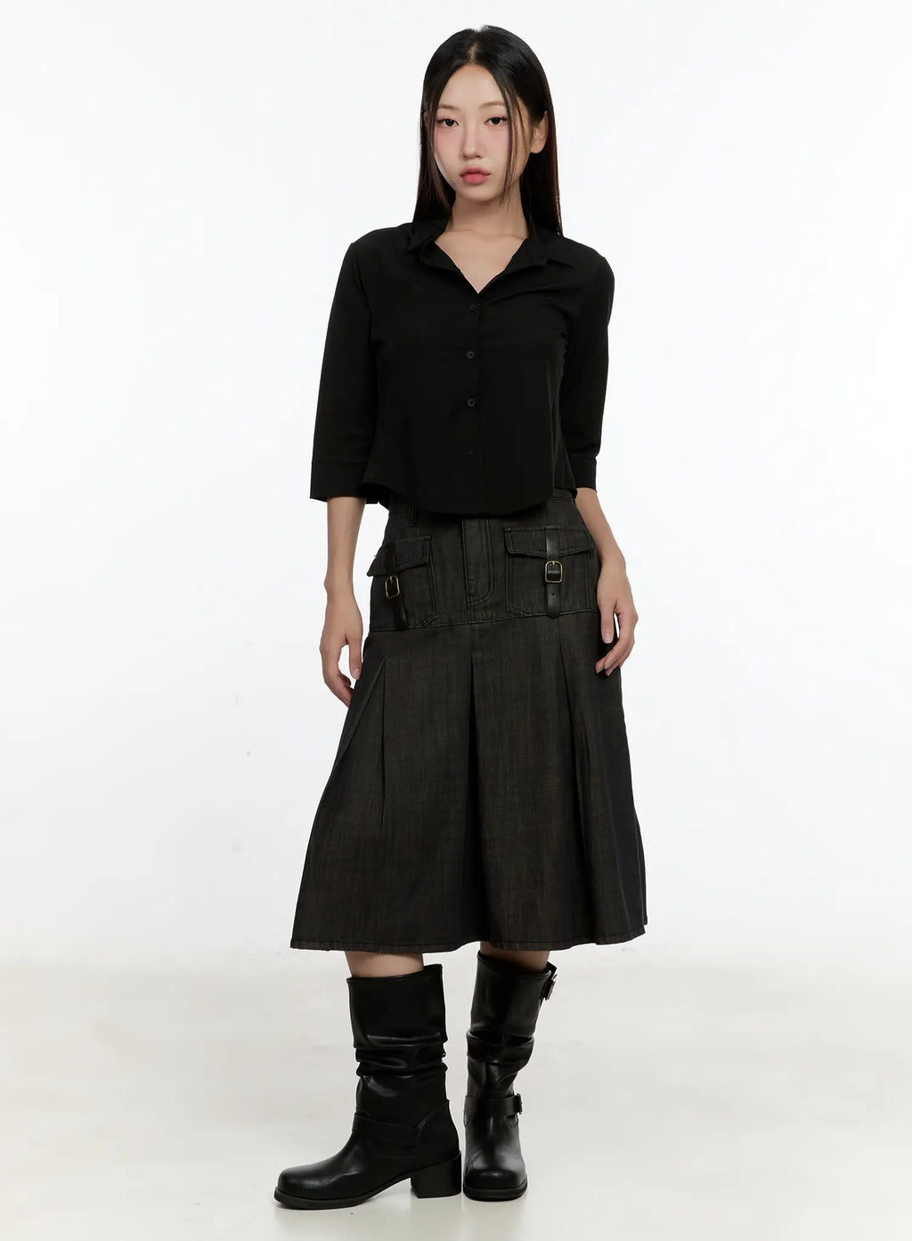 Chic Black Buttoned Half Sleeve Top CL531