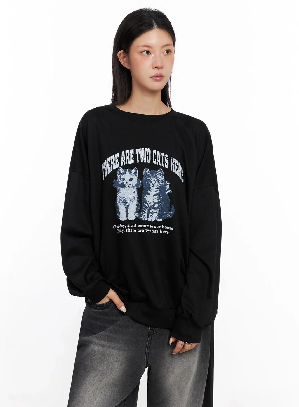Cat Print Graphic Sweatshirt IS508