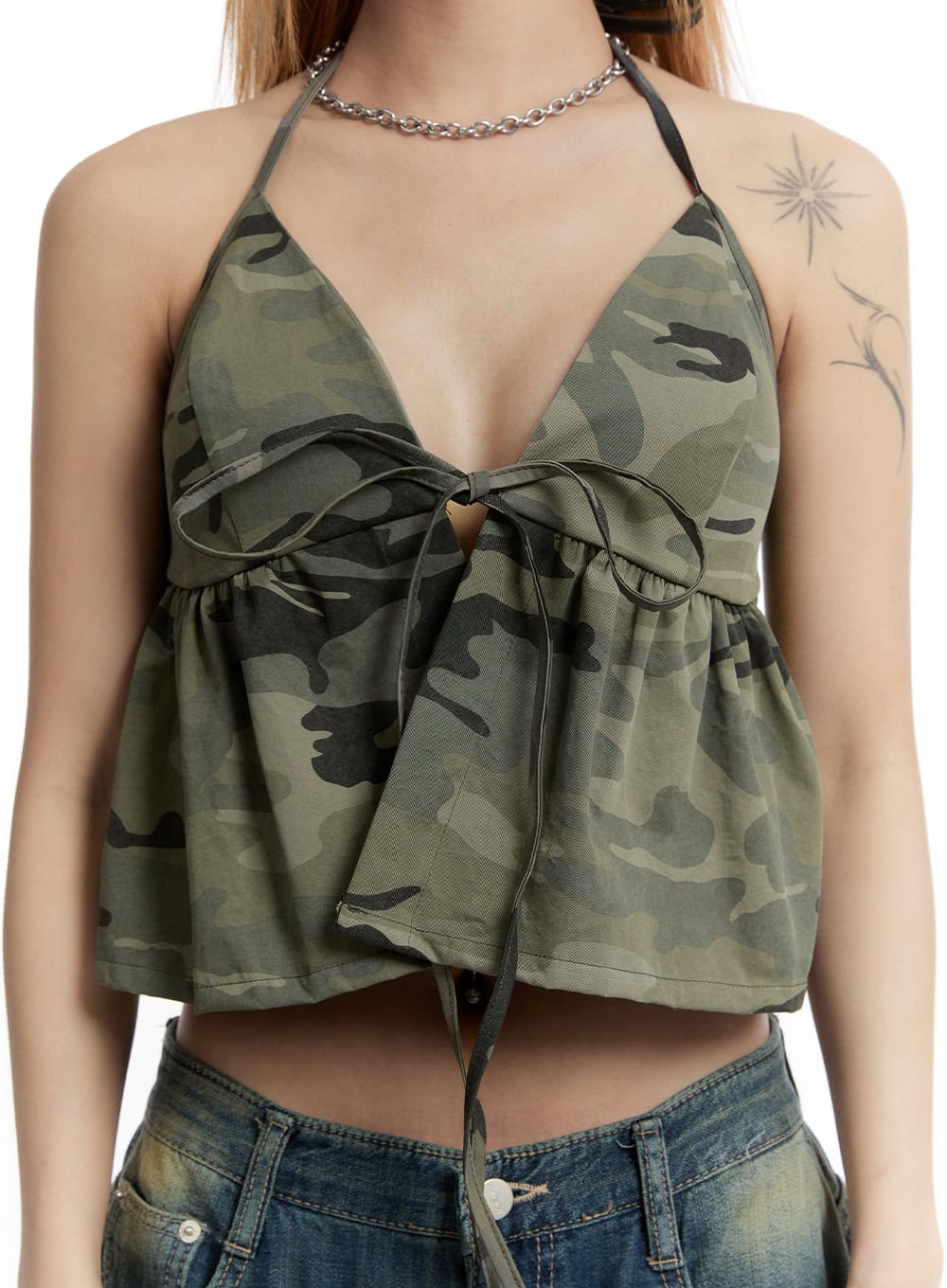Camo Ribbon Halter Crop Cami Top CY501