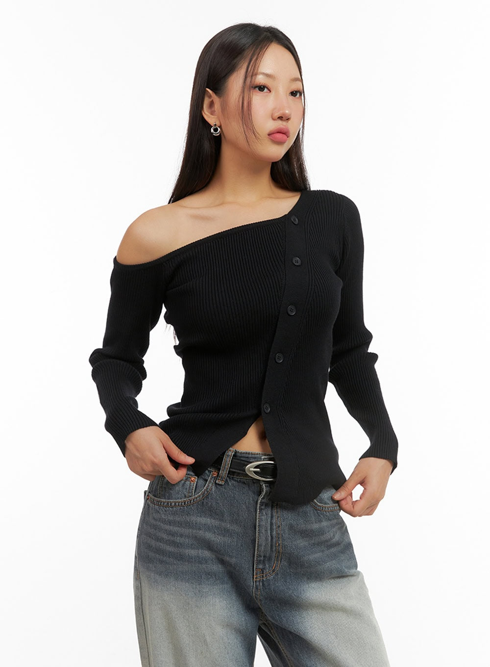 One-Shoulder Buttoned Slim Cardigan IS402