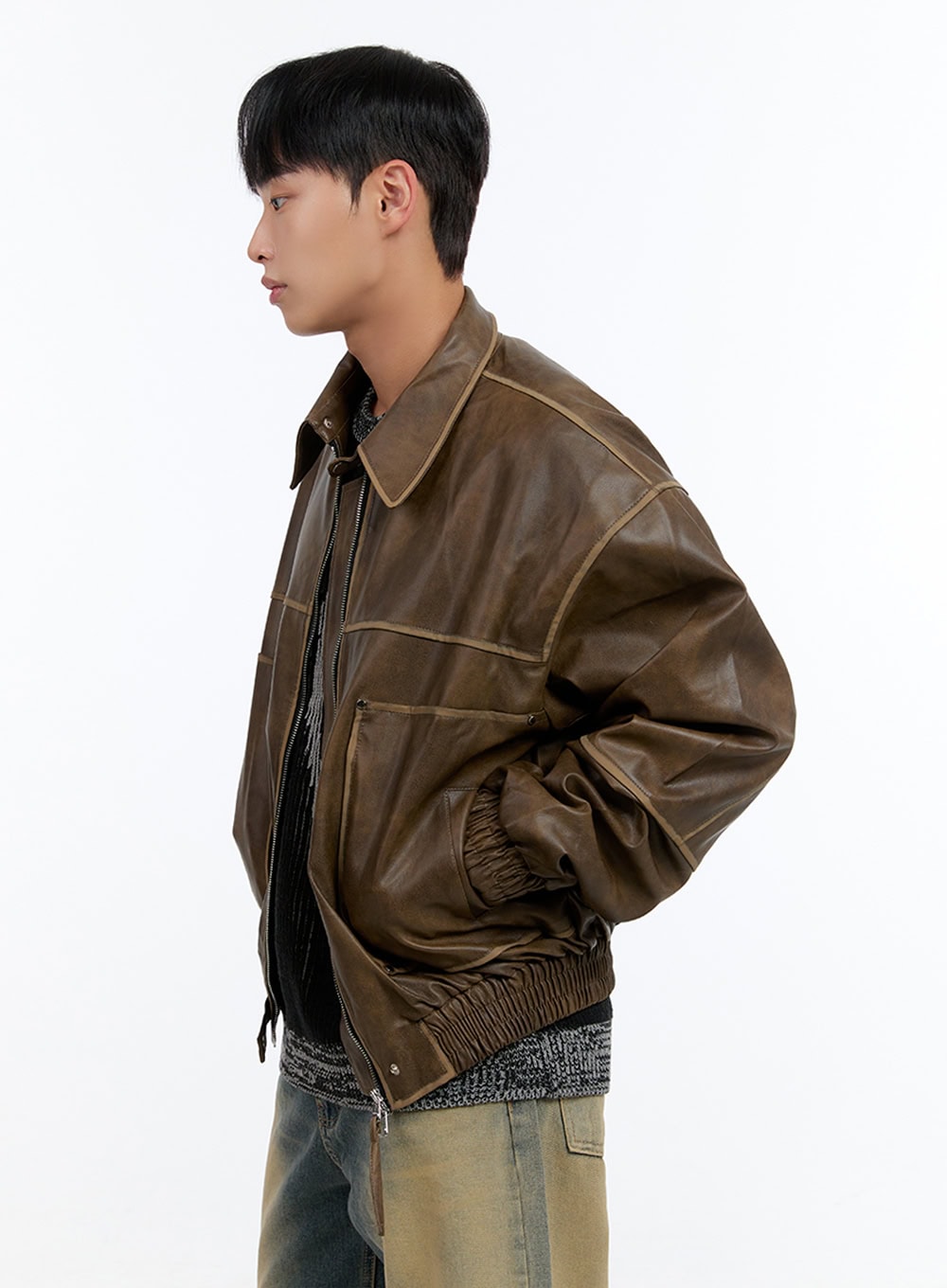 Men's Washed Vintage Zip-Up Leather Jacket IS413