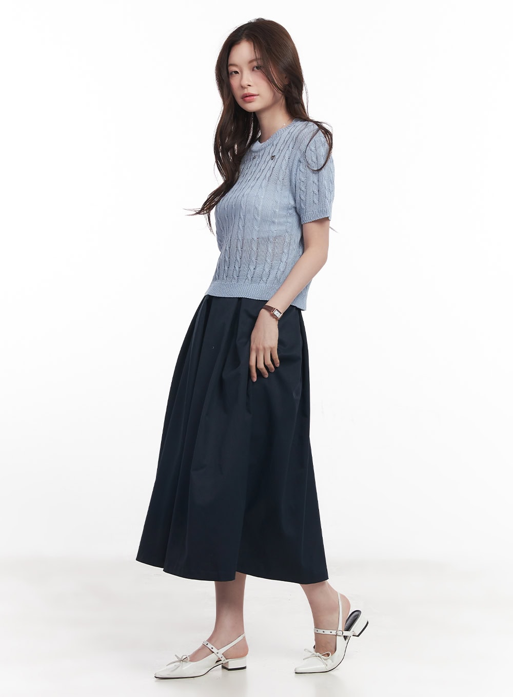 Cable-Knit Short-Sleeve Sweater CY515