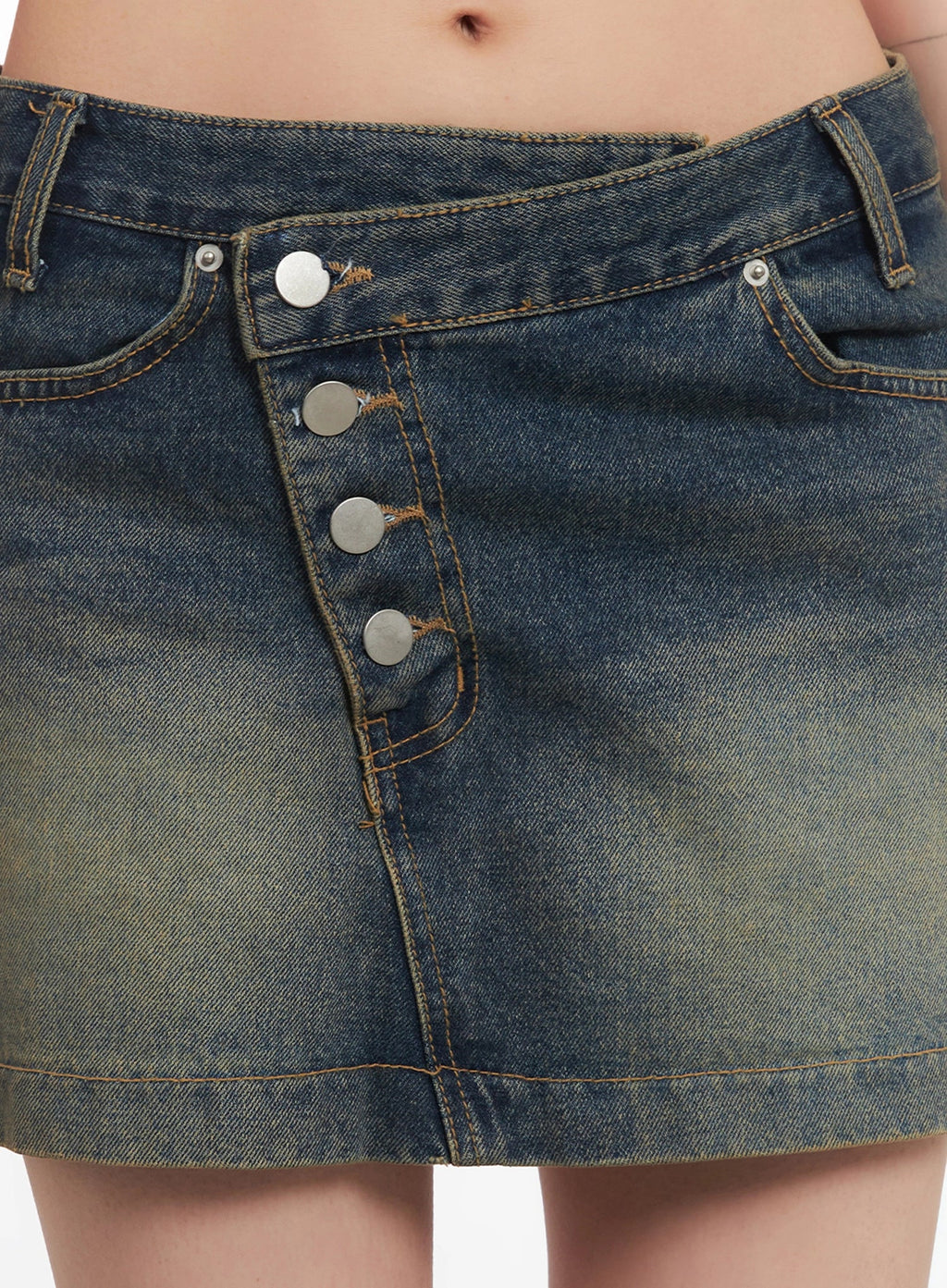 Slanted-Button Low-Rise Denim Skirt IC503